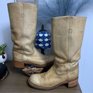 Vintage Frye USA Campus Boots Tan Beige 2952T Block Heel Leather Retro Shabby